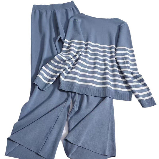 Damen gemütliches Strick-Loungewear-Set mit Streifenmuster R&B