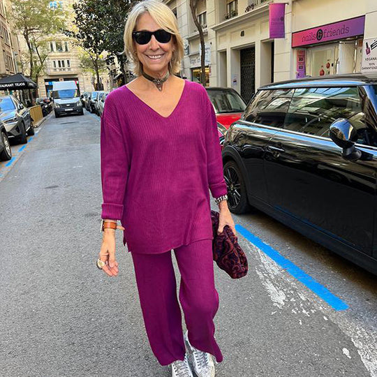 Damen Lässiges Strickensemble mit V-Ausschnitt und weiten Beinen R&B