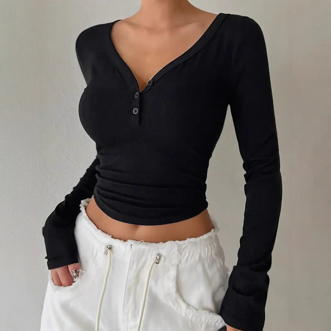 Damen figurbetontes langärmeliges Shirt mit V-Ausschnitt und Knopfleiste