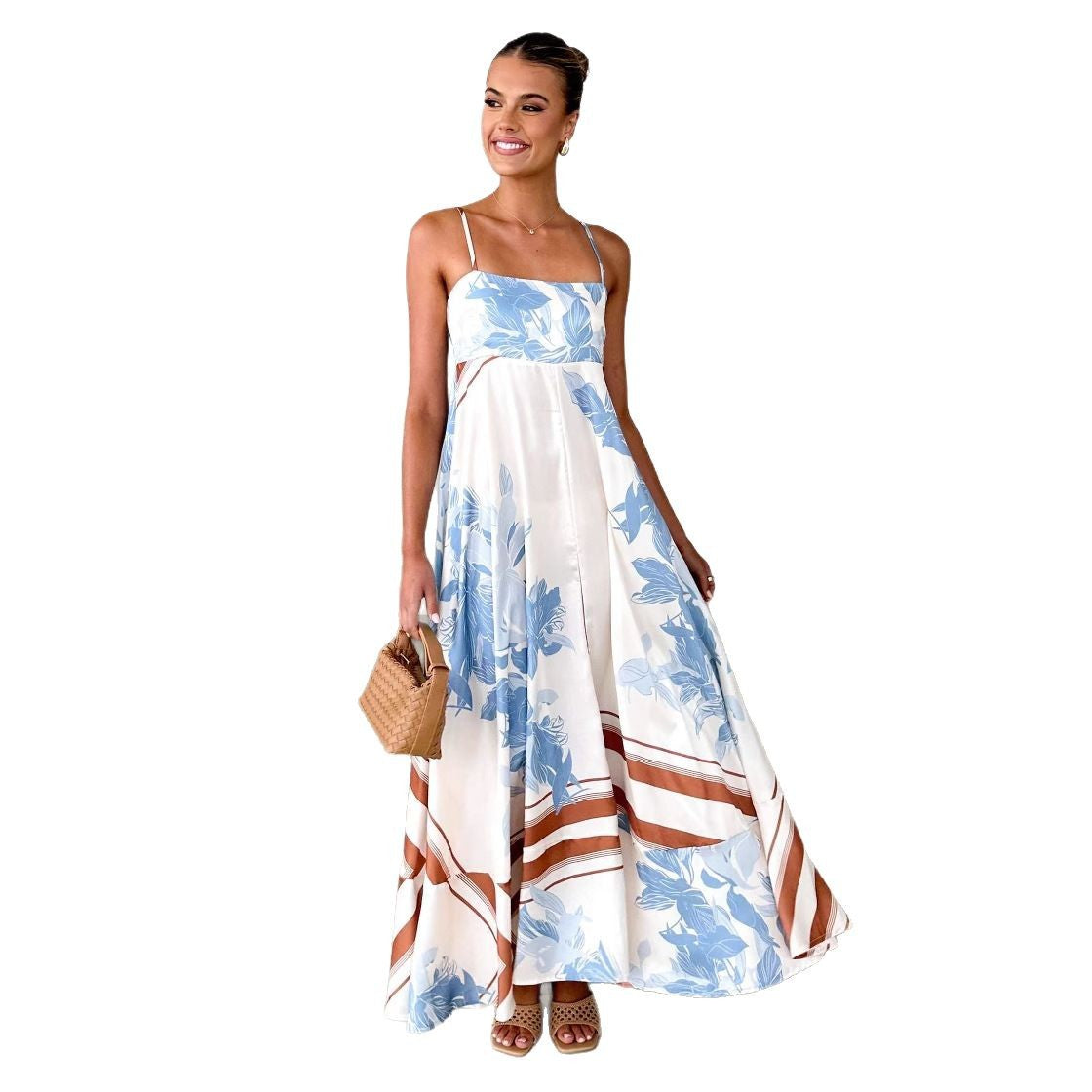 Damen Maxikleid mit elegantem floralem Design und schwingendem Rock R&B