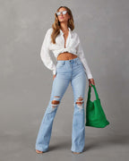 Damen Flared Jeans mit ausgefranstem Saum und verwaschenem Effekt R&B