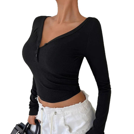 Damen figurbetontes langärmeliges Shirt mit V-Ausschnitt und Knopfleiste R&B