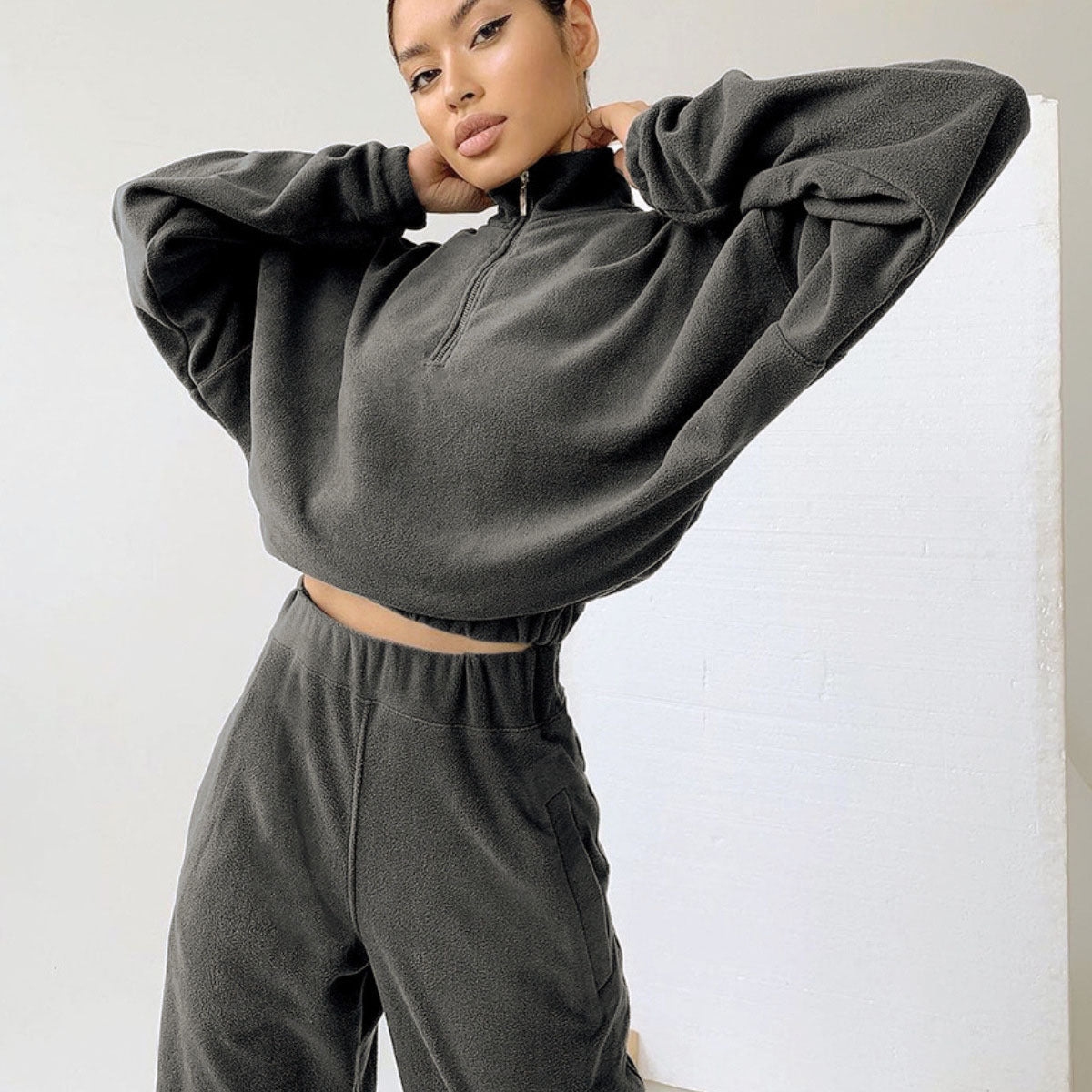 Damen nan kurz geschnittenes Thermo-Fleece-Set mit Halbfront-Reißverschluss und hohem Komfortbund R&B