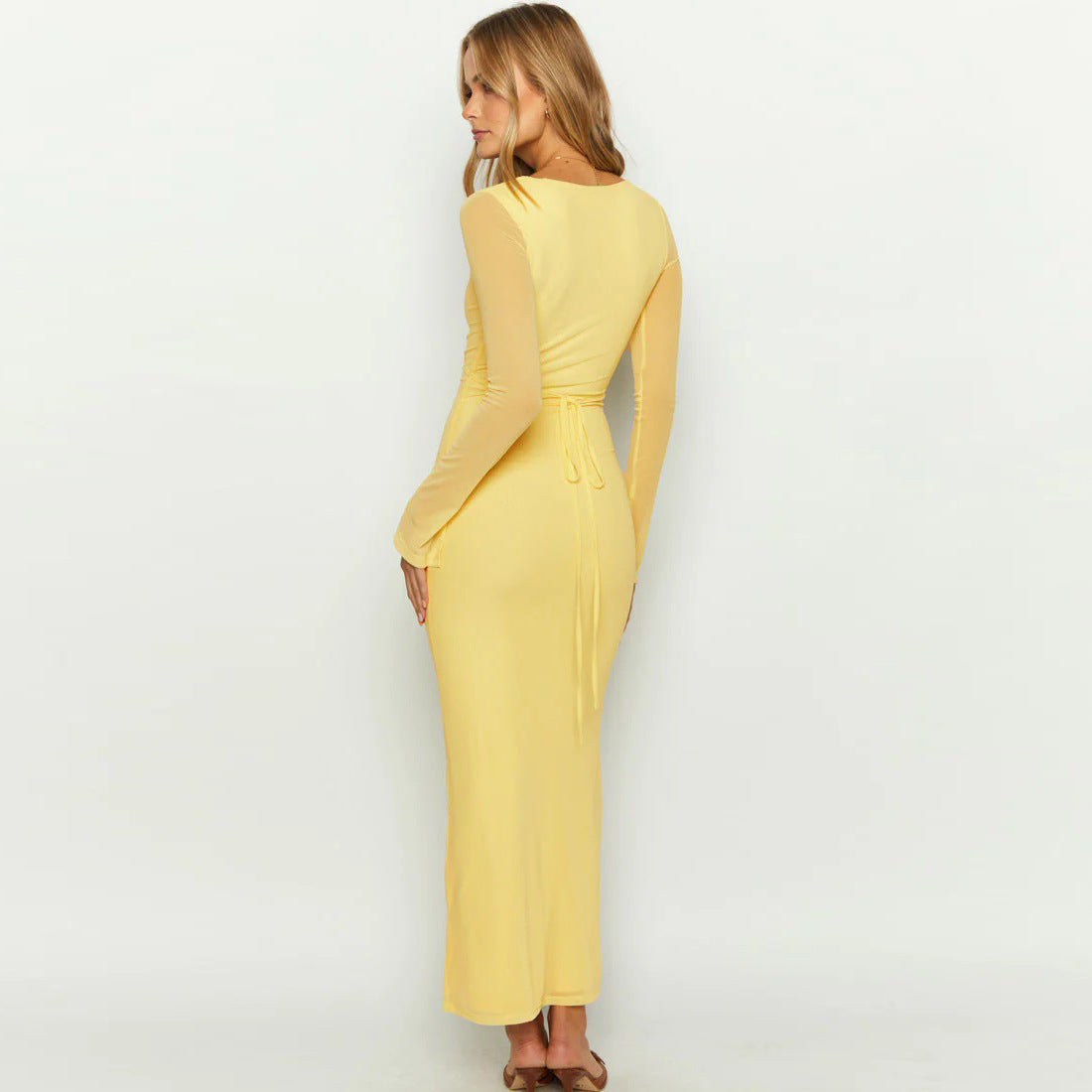 Damen elegantes Maxikleid mit tiefem V-Ausschnitt und transparenten Ärmeln R&B
