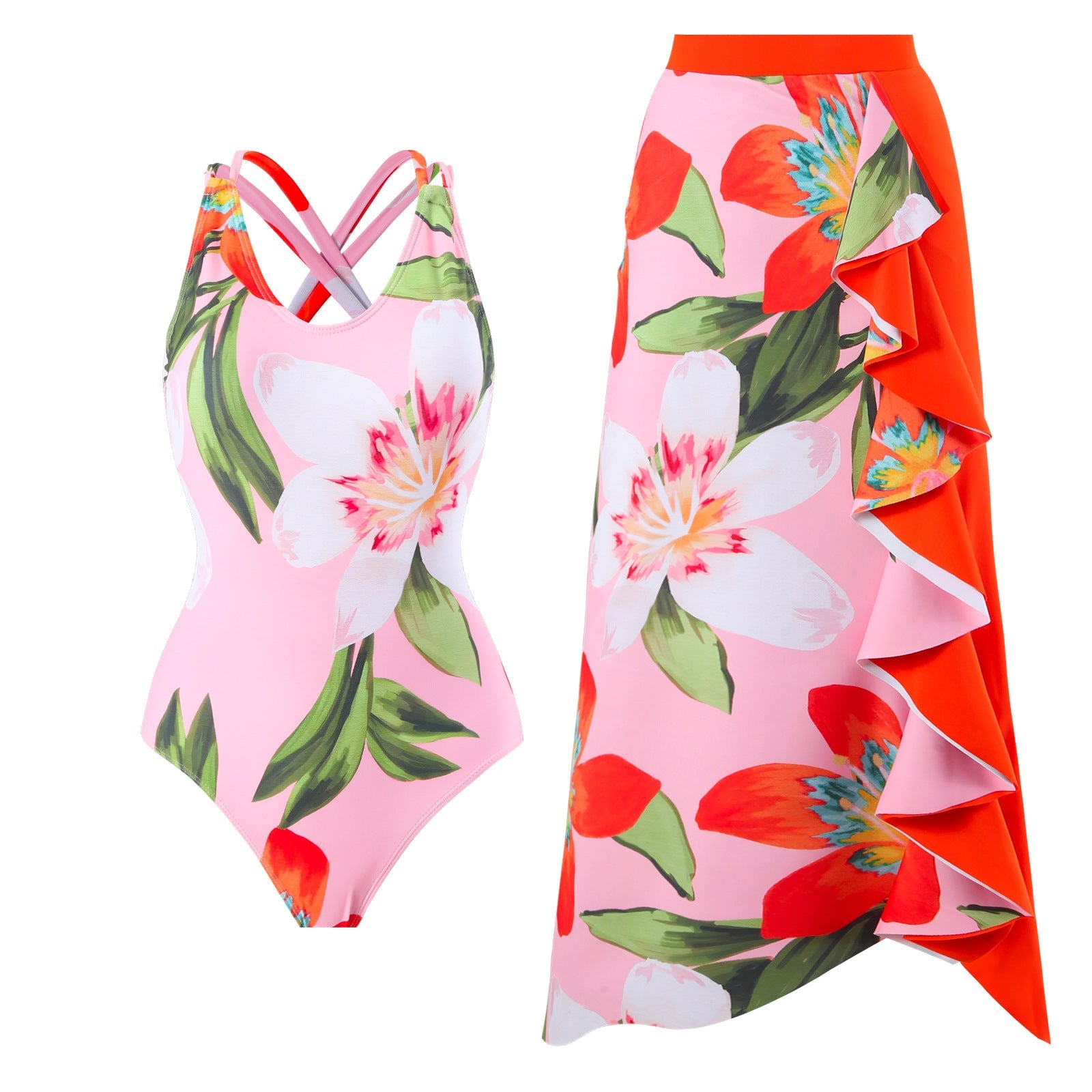 Damen Badeanzug-Set mit floralem Wickelrock und modernem Rüschendesign R&B