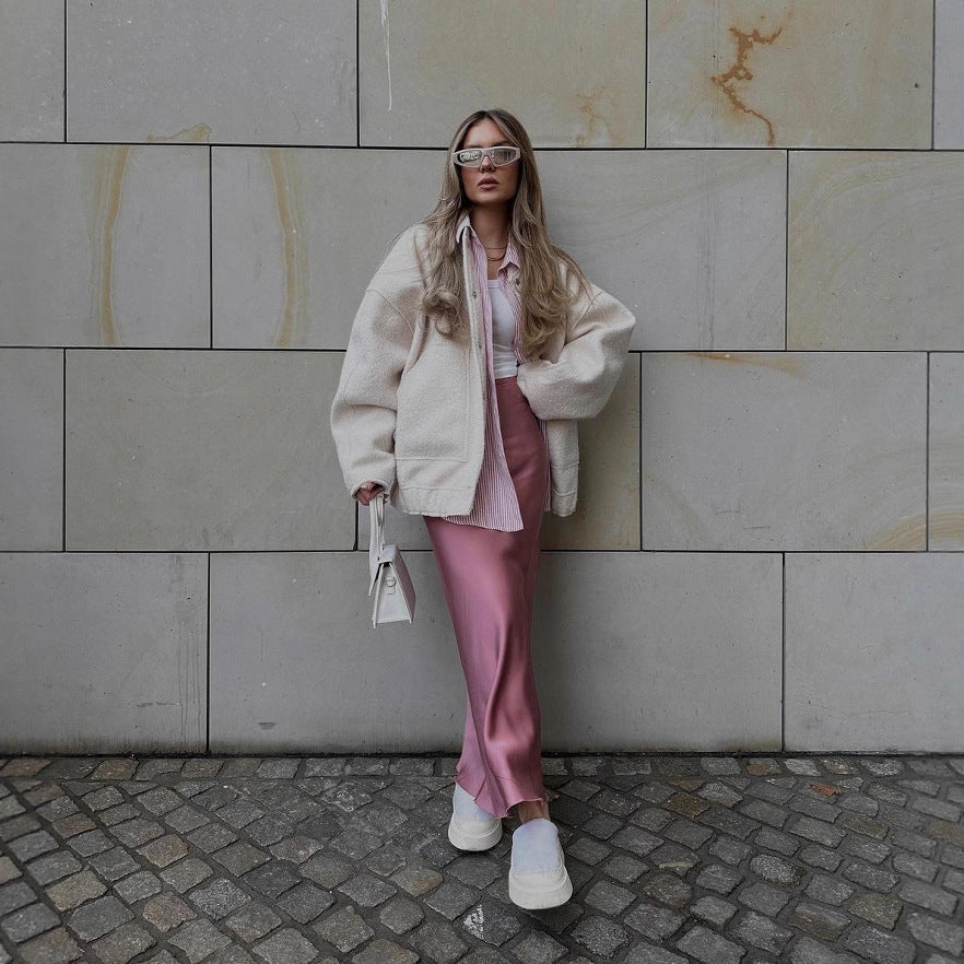 Damen Oversized Wolljacke mit knopflosem Design und weichem Innenfutter R&B