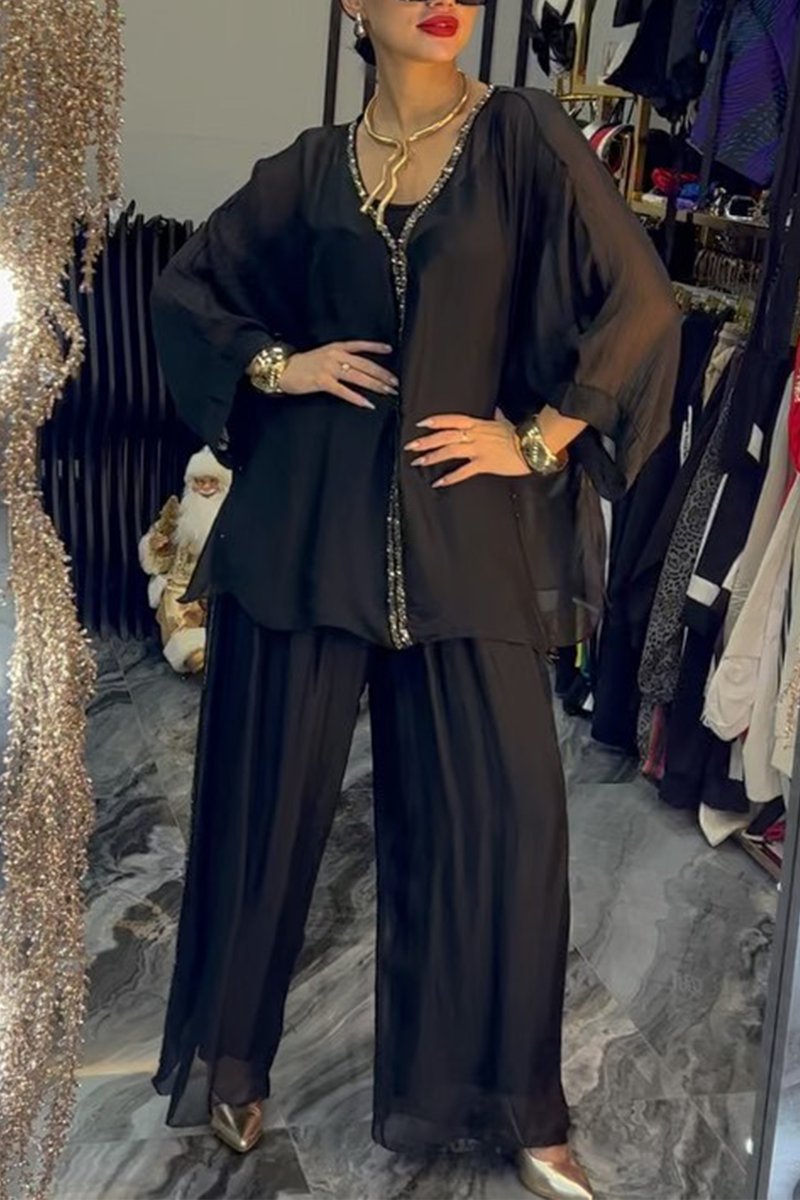 Damen elegante und luftige Bluse mit weitem Schnitt und passender Hose R&B