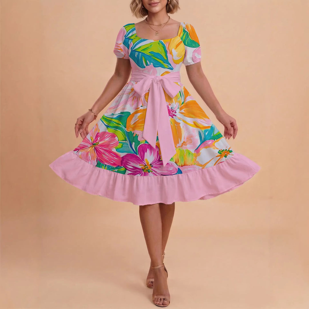 Damen Sommerkleid mit floralem Puffärmel und taillierbarem Gürtel R&B