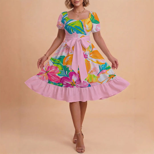 Damen Sommerkleid mit floralem Puffärmel und taillierbarem Gürtel R&B