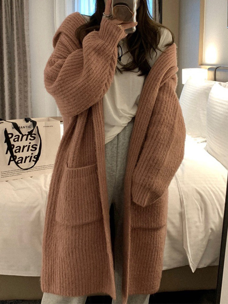 Damen Langer Strickcardigan mit tiefem V-Ausschnitt und Taschen