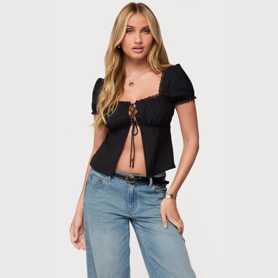Damen Crop-Oberteil mit Spitzenbesatz und Schnürdetail R&B