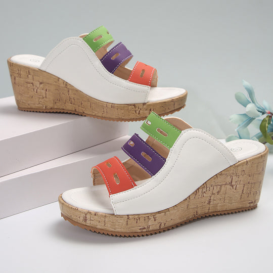 Damen Wedge-Sandaletten mit mehrfarbigen Riemen und komfortablem Korkfußbett R&B