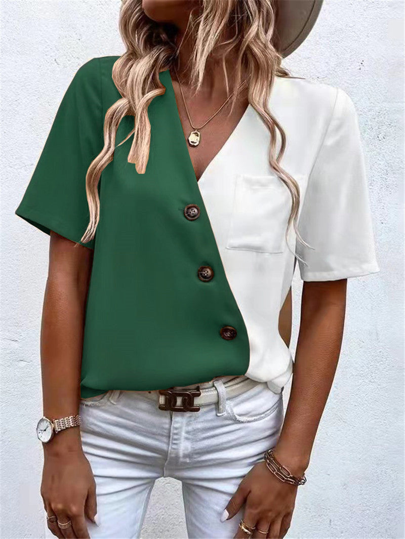 Damen Modisches Hemdblusenshirt mit asymmetrischen Farben und Knopfdetails R&B