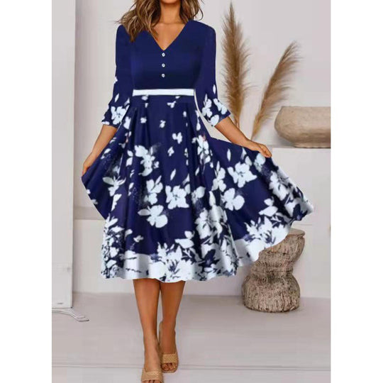 Damen V-Ausschnitt Midi-Kleid mit fließendem Rock und floralem Ärmeldesign R&B