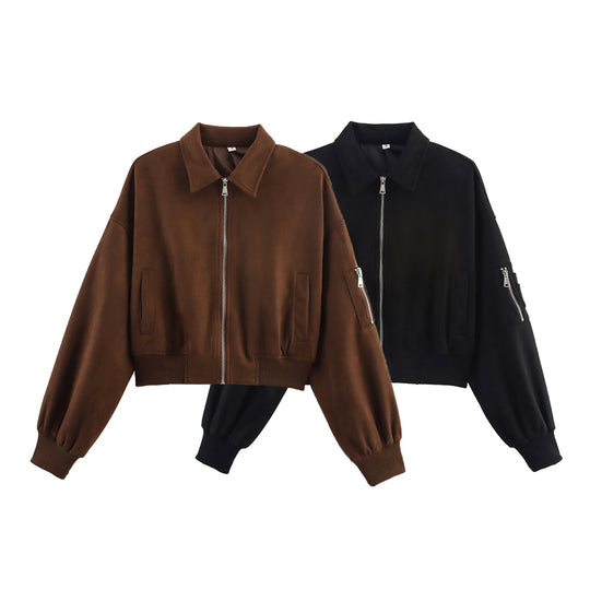Damen modische kurz geschnittene Übergangsjacke mit großen Taschen und Reißverschluss R&B