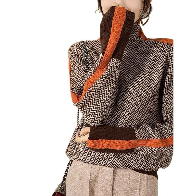Damen Hochwertiger Rollkragenpullover mit Chevron-Muster R&B