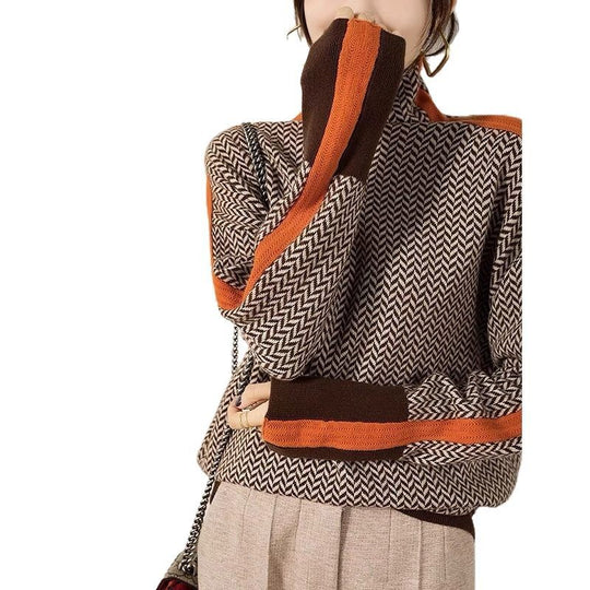 Damen Hochwertiger Rollkragenpullover mit Chevron-Muster R&B