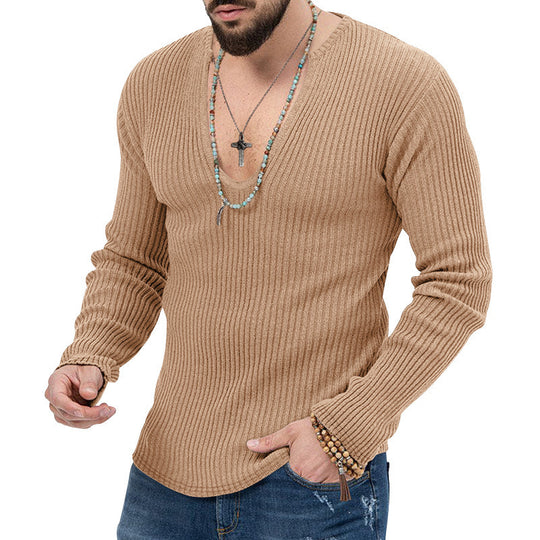 Herren Langarm-Rippenpullover mit tiefem V-Ausschnitt und modernem Schnitt R&B