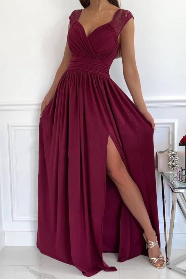 R&B | Damen Abendkleid mit elegantem V-Ausschnitt und Rüschendetails