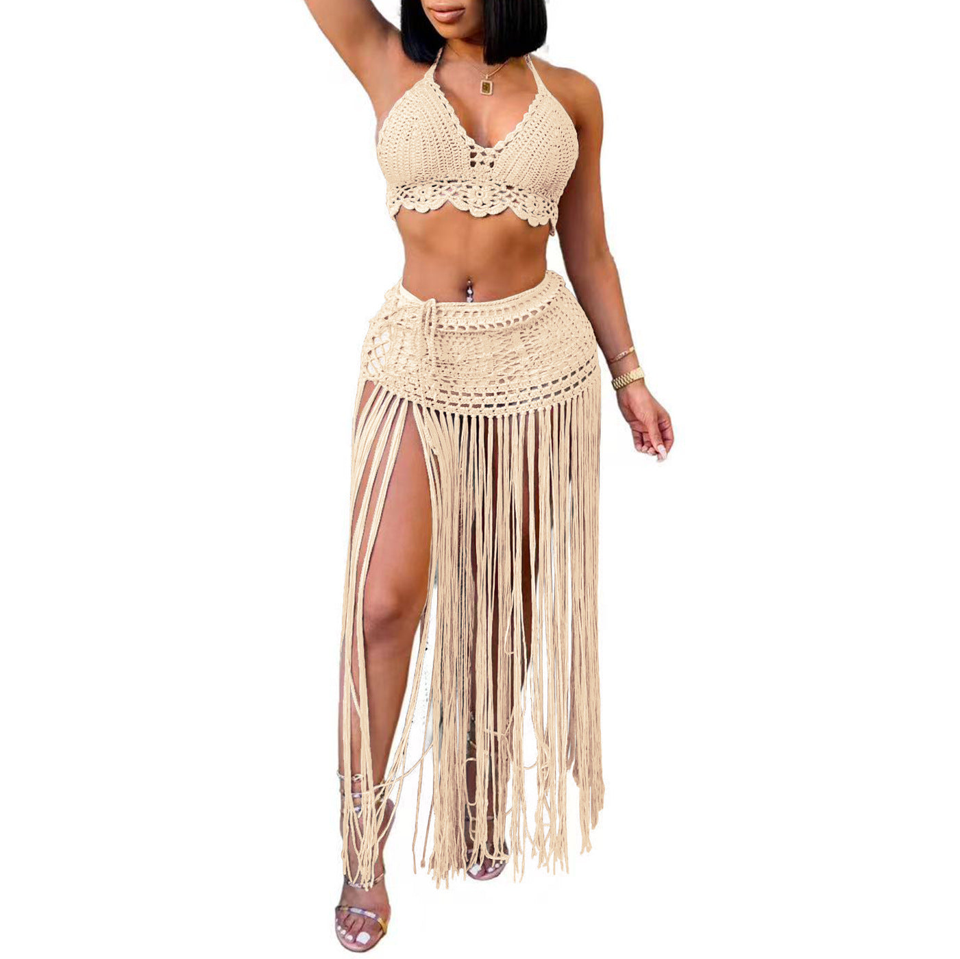 Damen gehäkeltes Strand-Outfit mit fransigen Details R&B