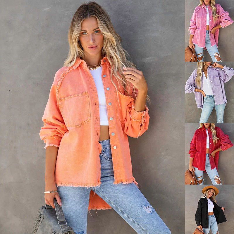 Damen Lässige Denim-Übergangsjacke im Vintage-Stil mit fransigen Details R&B