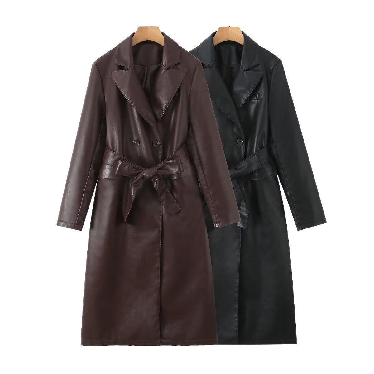 Damen Kunstleder Trenchcoat mit Taillengürtel und eleganter Taschennaht R&B