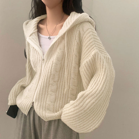 Damen Bequemer Strickjacke mit Kapuze und Reißverschluss R&B