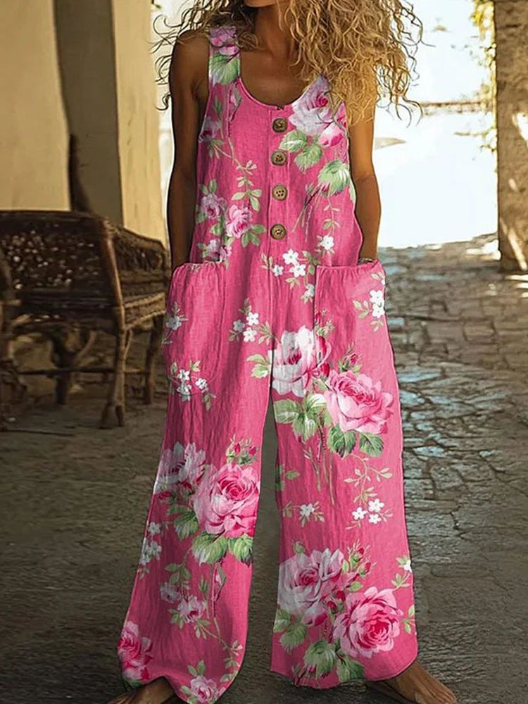 Damen Lässiger Patchwork-Jumpsuit mit Knopfdetails R&B