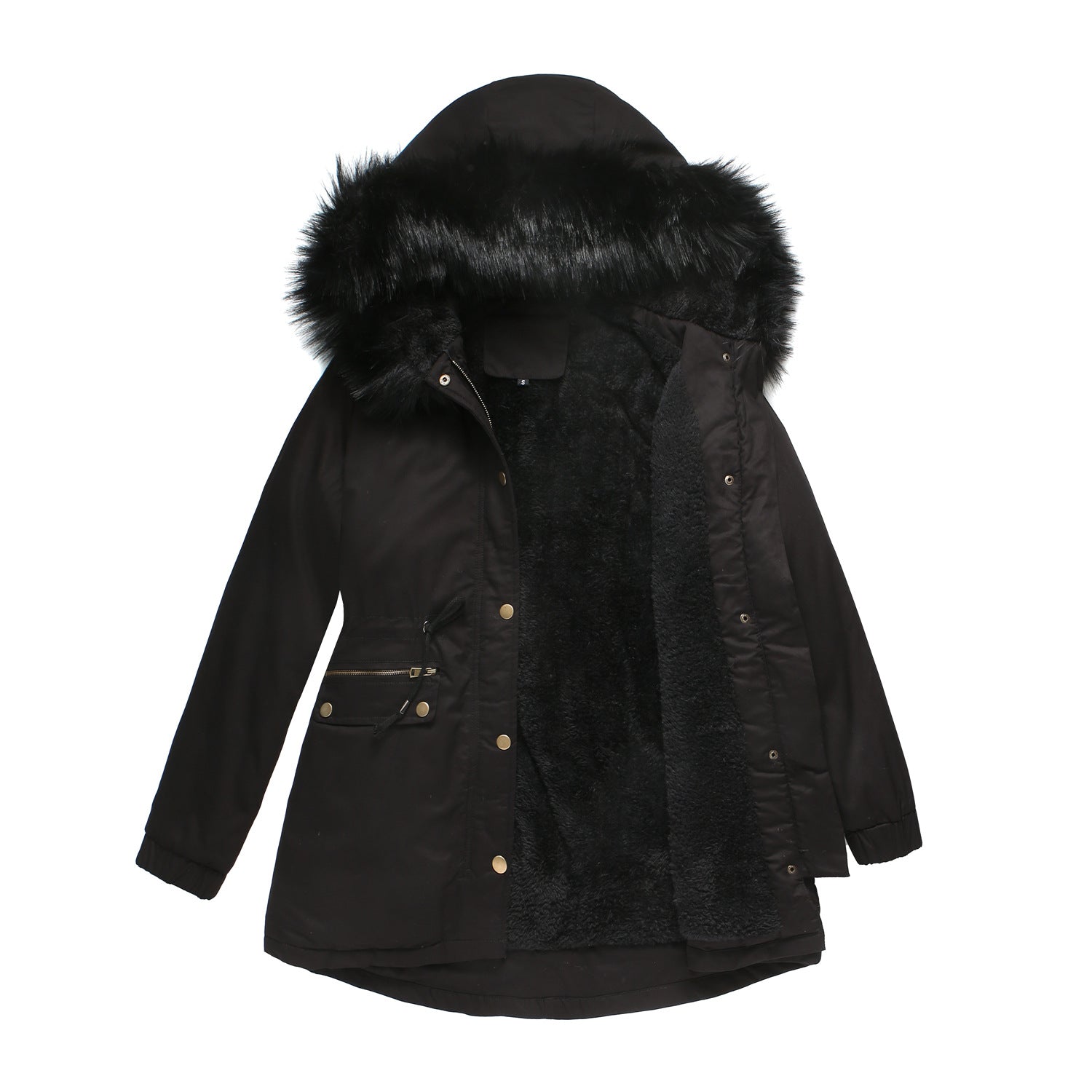 Damen isolierte Parka-Jacke mit abnehmbarem Kunstfellkragen und verstellbarem Taillenzug