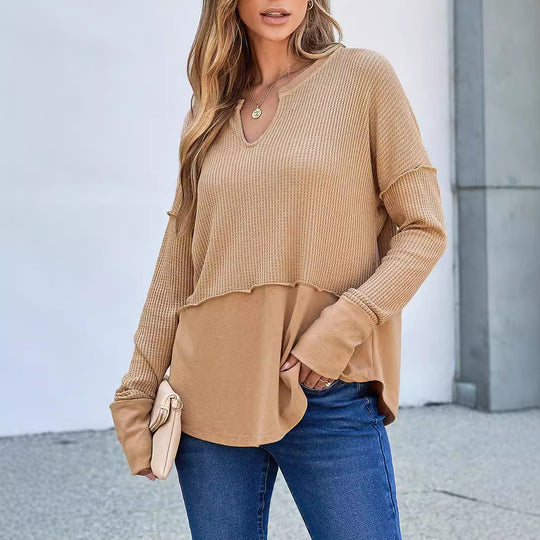 Damen lässiger Knit-Pullover mit V-Ausschnitt und Struktur R&B