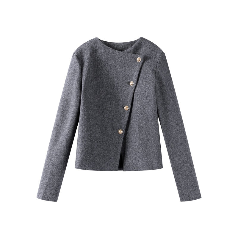 Damen Modische Wolljacke mit asymmetrischem Schnitt und eleganten Knopfdetails