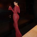 Damen Strickmaxikleid mit langen Ärmeln und großflächigem Häkelmuster R&B