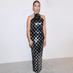 Damen Figurbetontes Schachmuster-Maxikleid mit glitzernden Pailletten R&B