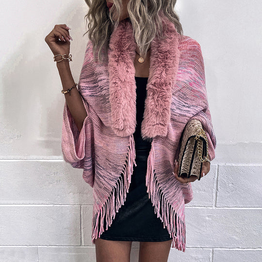 Damen eleganter Poncho mit luxuriösem Kunstfellkragen und fransigem Saum R&B