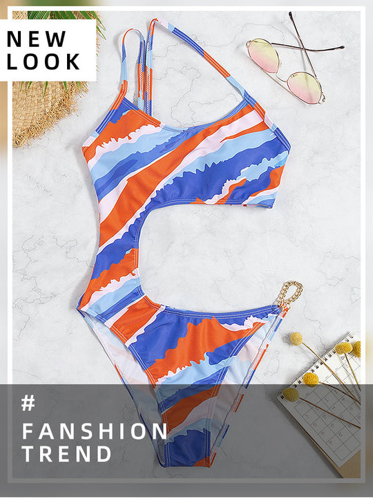 Damen Einteiliger Badeanzug mit asymmetrischem Schnitt und trendigem Ketten-Detail R&B