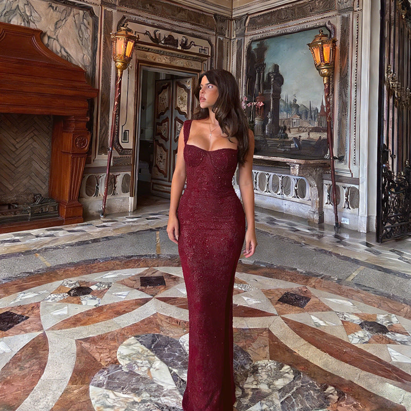 Damen Glitzerndes Abendkleid mit tiefem Ausschnitt und eleganten Spaghettiträgern R&B