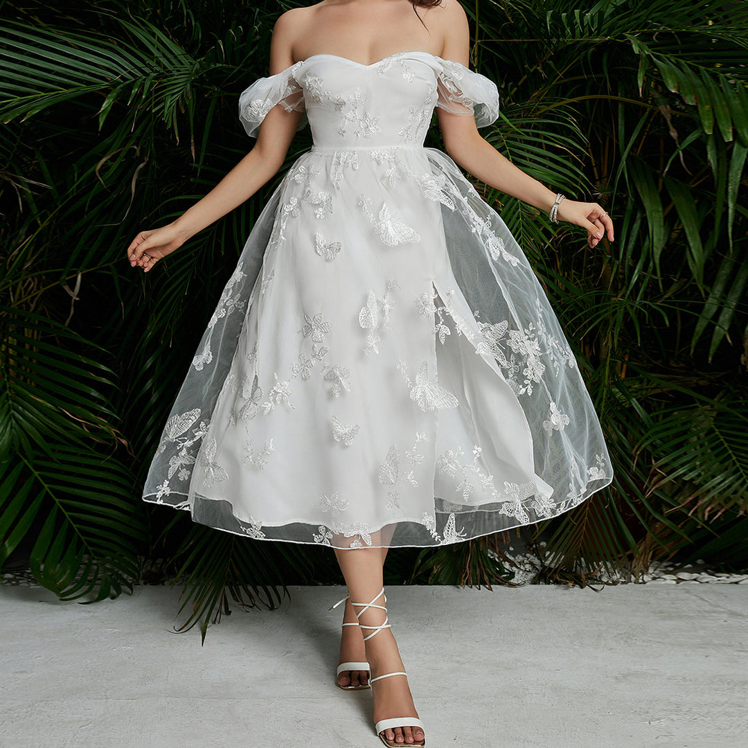Damen Midikleid mit floralem Applikationsdesign und Puffärmeln R&B