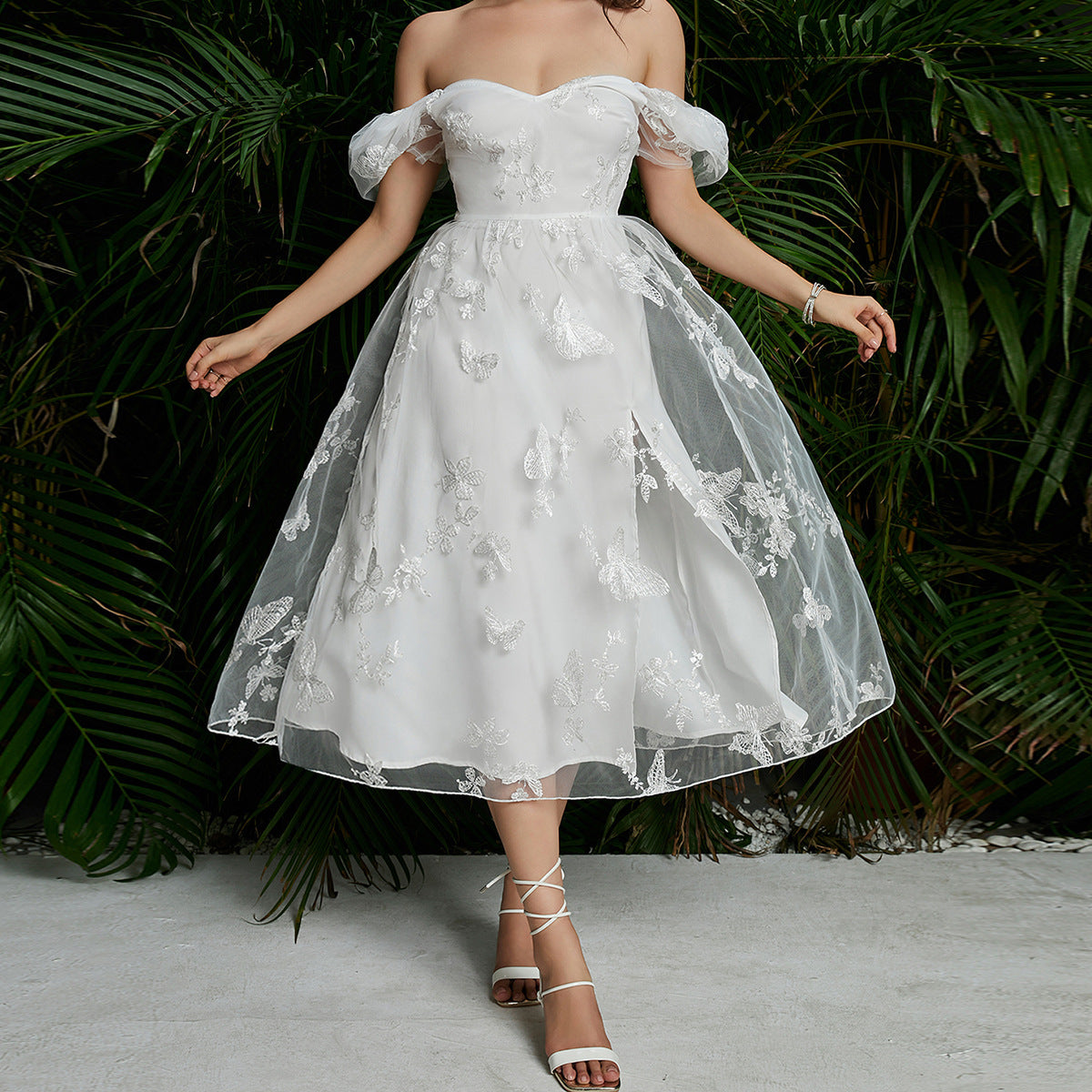 Damen Midikleid mit floralem Applikationsdesign und Puffärmeln R&B