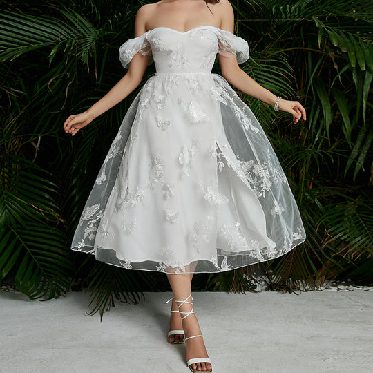 Damen Midikleid mit floralem Applikationsdesign und Puffärmeln R&B