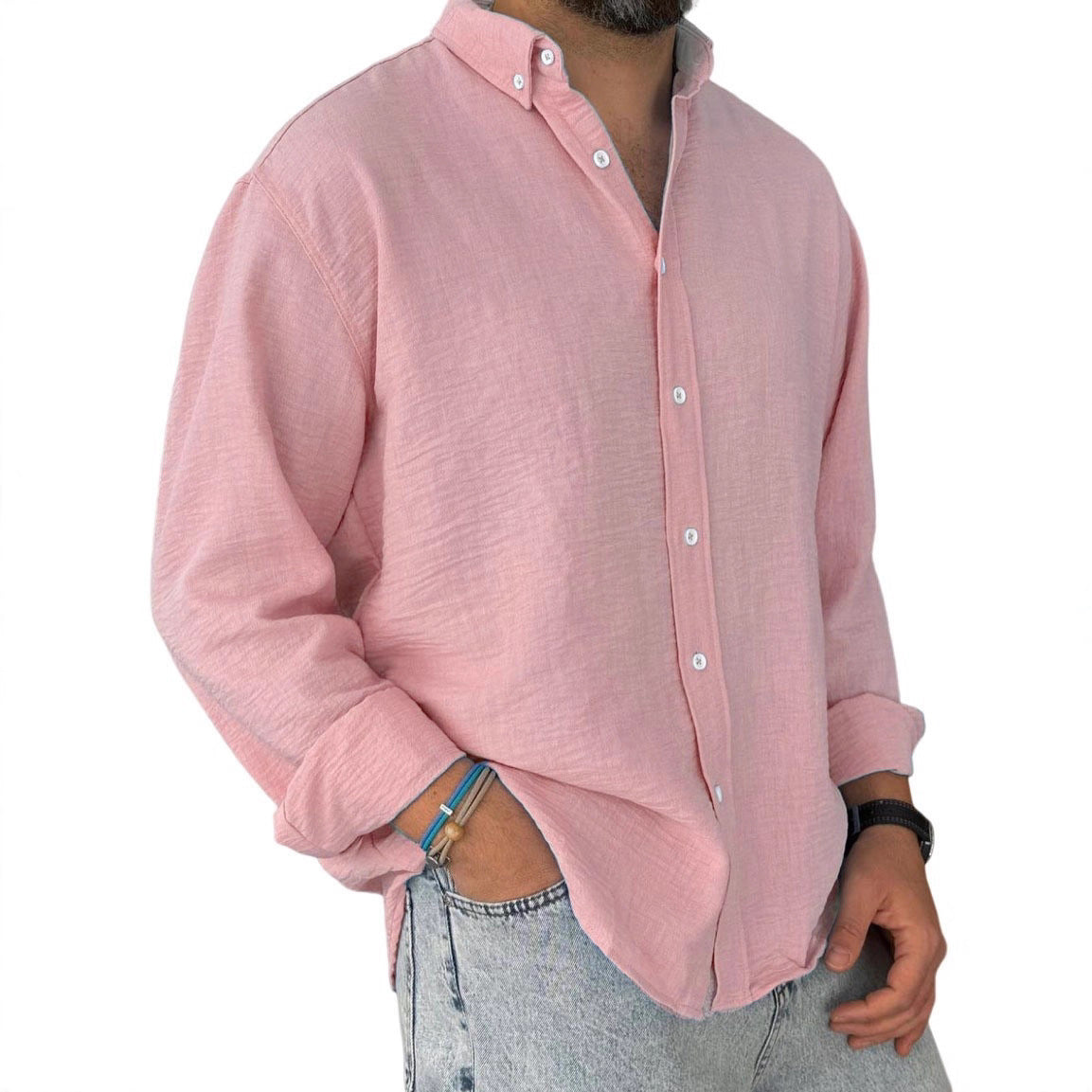 Herren nan leichtes Baumwoll-Leinen-Hemd mit Button-Down-Kragen und entspannter Relaxed-Fit R&B