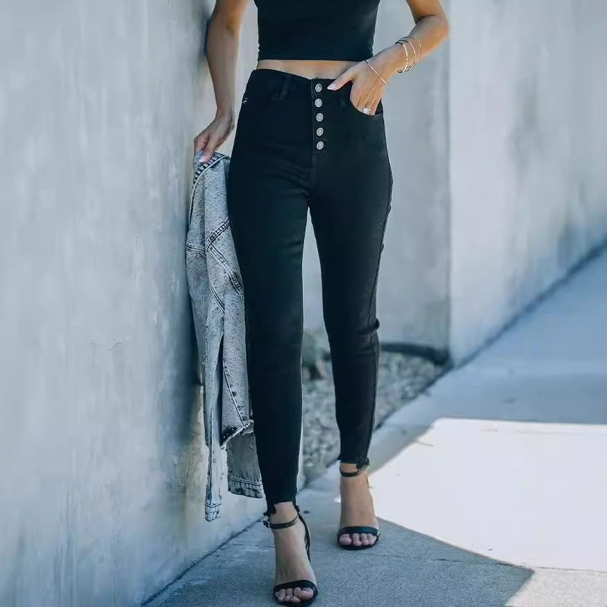 Damen Hochtaillierte Skinny Jeans mit knöpfbarem Bund und figurbetontem Schnitt R&B