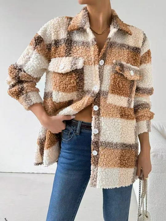 Damen Plüsch Overshirt mit Karomuster R&B