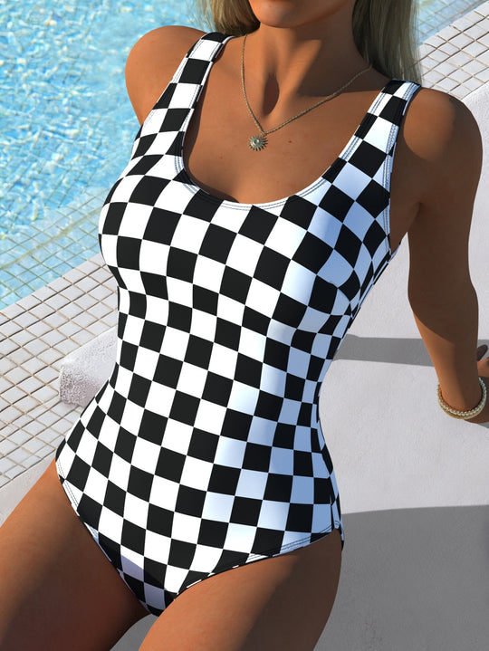 Damen Badeanzug mit kreativem Grafikdesign und hohem Beinausschnitt R&B