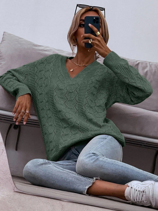 Damen Strickpullover mit V-Ausschnitt und lockerer Passform R&B