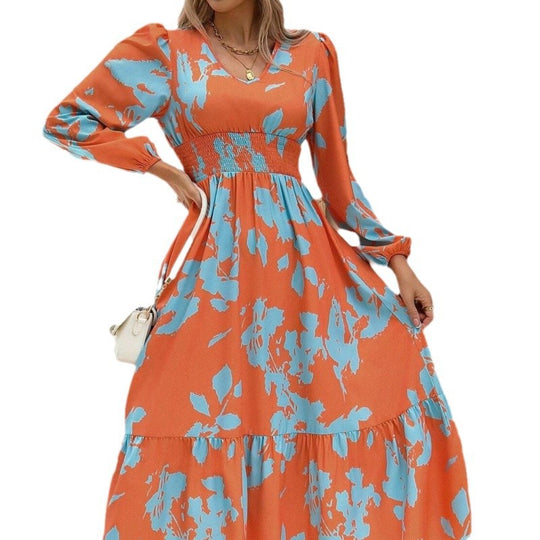 Damen Langarm Maxikleid mit floralen Mustern und voluminösen Ärmeln R&B