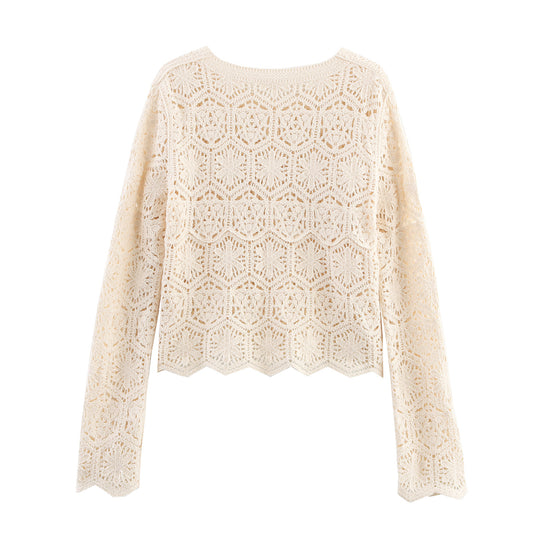 Damen lässige Strickjacke mit floralem Lochmuster und Knopfleiste R&B