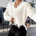Damen Oversized Strickpullover mit fransigem Saum und raffiniertem Ausschnitt R&B