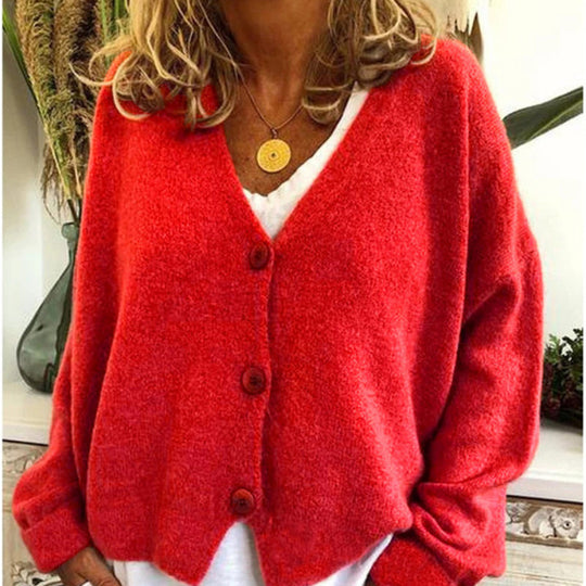Damen lässiger Strickcardigan mit tiefem V-Ausschnitt und großen Knöpfen R&B