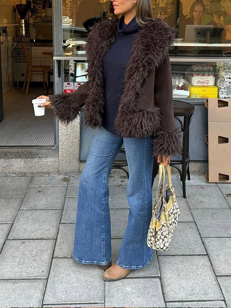 Damen lässige Kurzjacke aus plüschigem Material mit einzigartigem Schnitt R&B