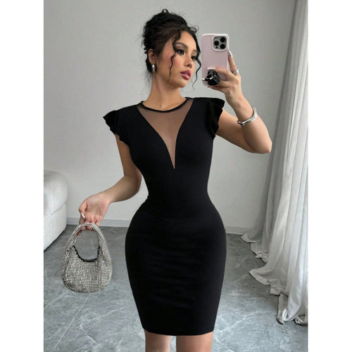 Damen Etuikleid mit transparentem Dekolleté und Rüschendetails R&B